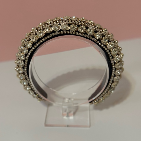 White Rhinestone Black Velvet Headband - Picture 3 of 7